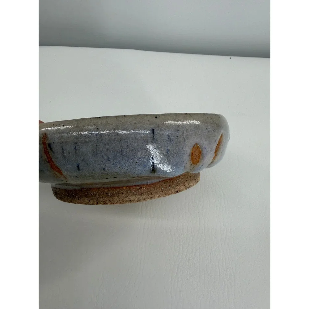 Studio Pottery Bowl Dish Blue Gray Abstract Reactive Glaze Artisan Home Decor